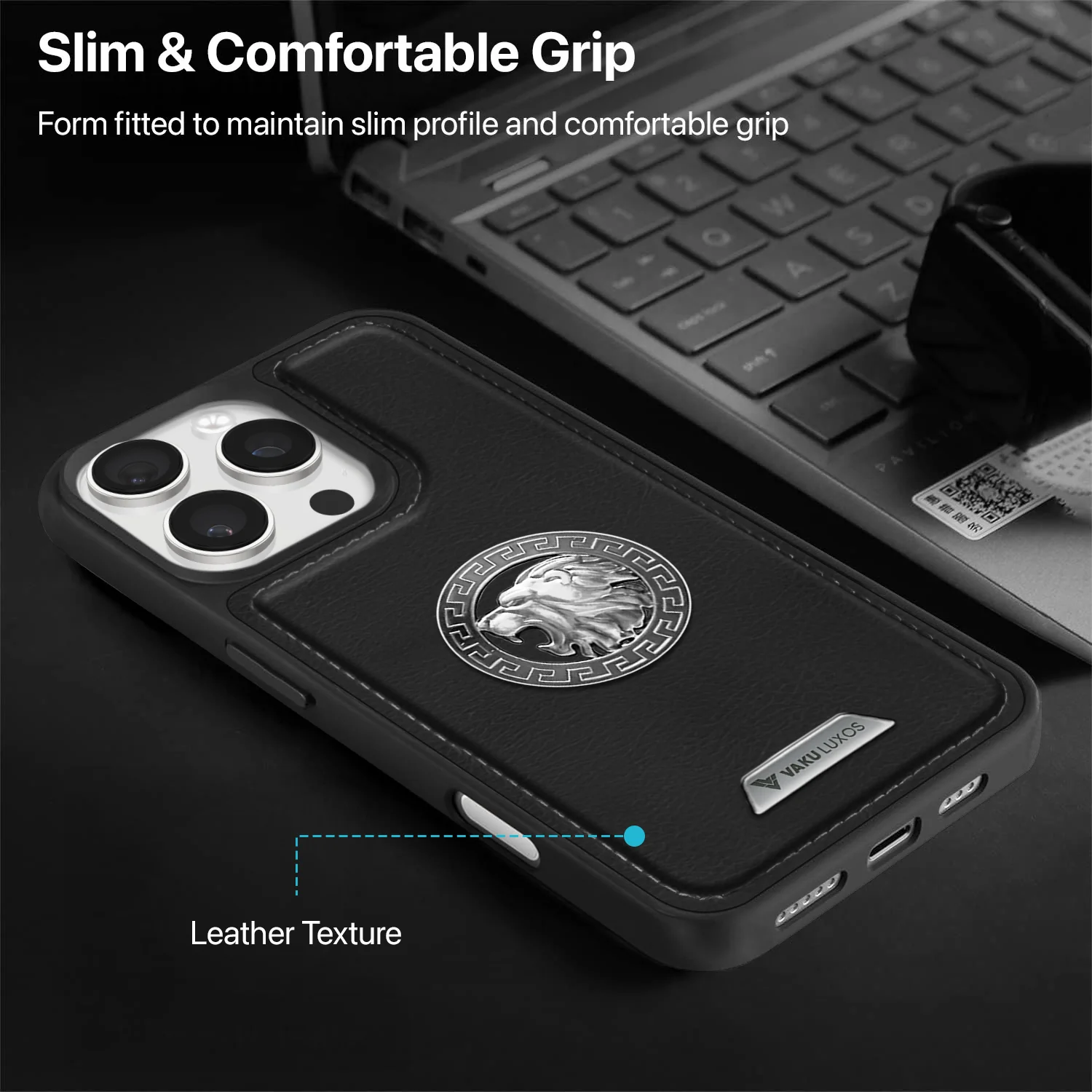 Vaku ® Apple iPhone 16 Pro Regal Shield Metal Lion Engraved Leather Back Cover - Image 7