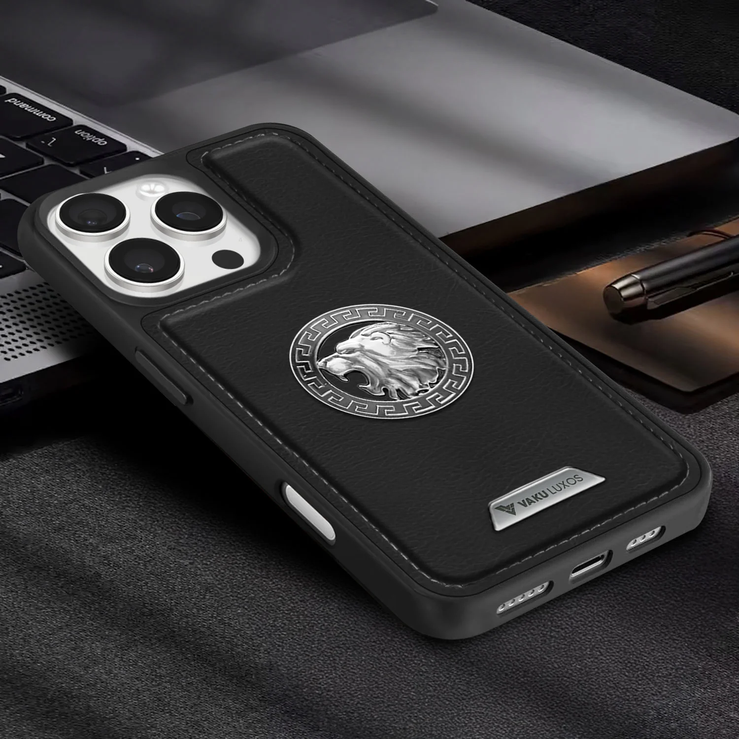 Vaku ® Apple iPhone 16 Pro Regal Shield Metal Lion Engraved Leather Back Cover - Image 8