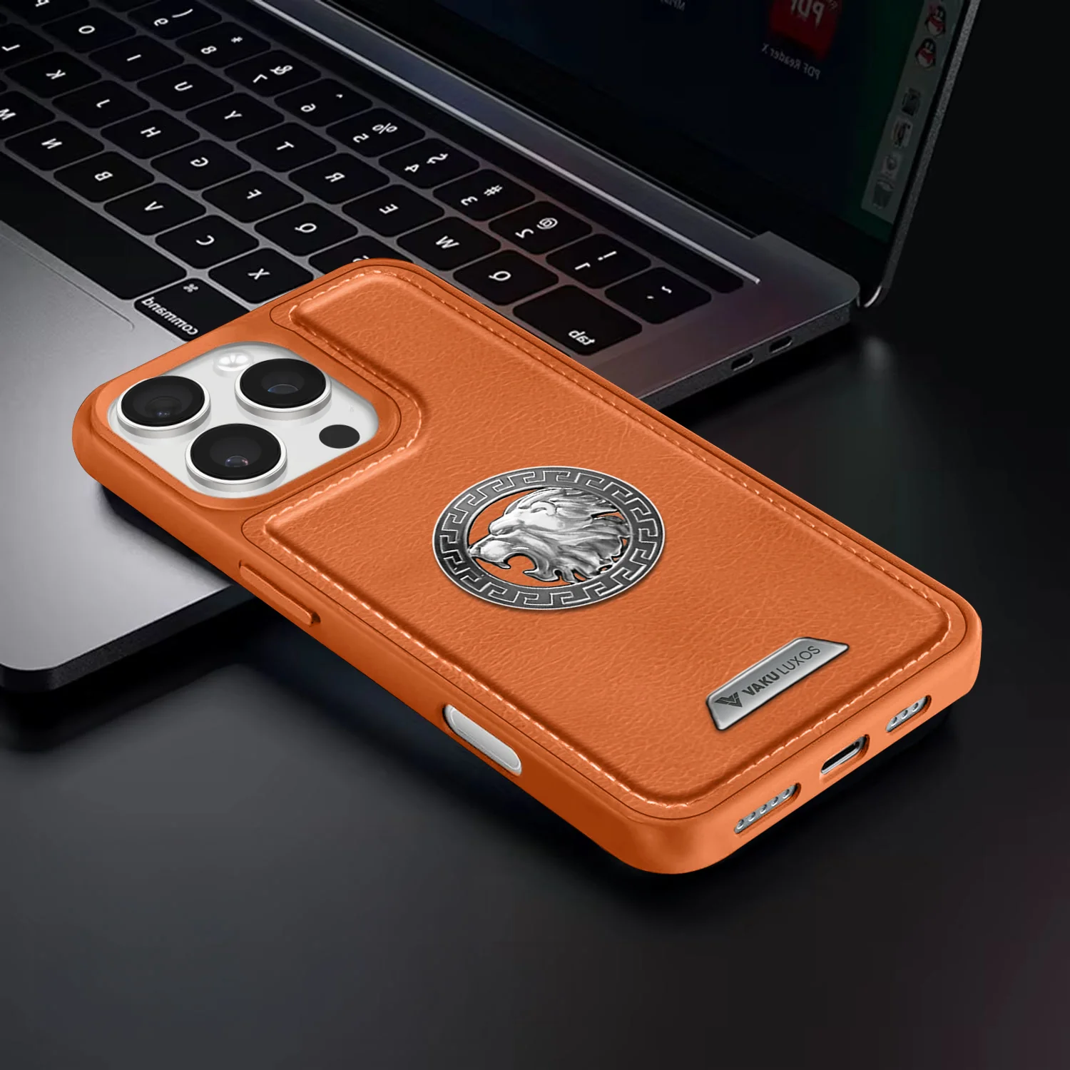 Vaku ® Apple iPhone 16 Pro Regal Shield Metal Lion Engraved Leather Back Cover - Image 9