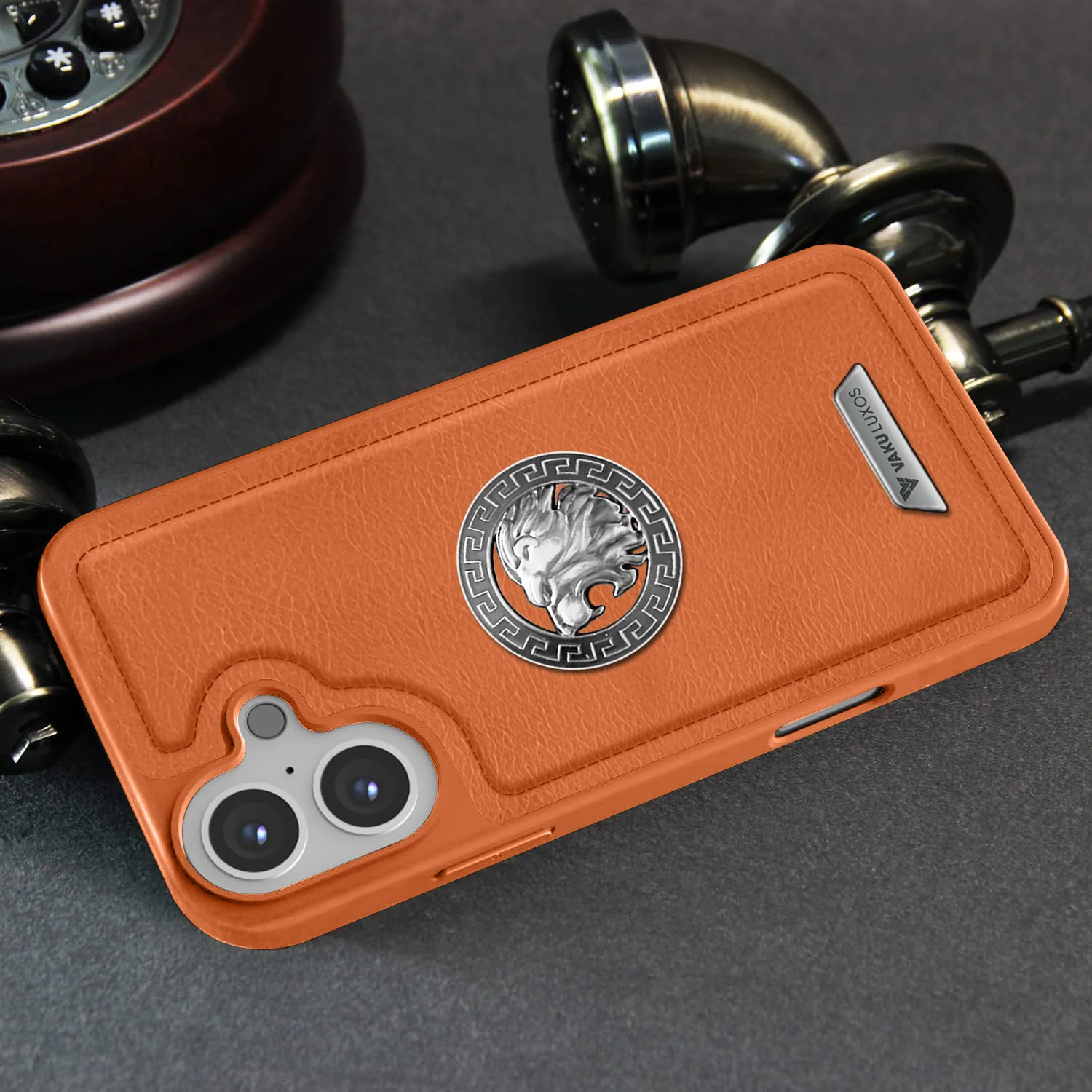 Vaku ® Apple iPhone 16 Regal Shield Metal Lion Engraved Leather Back Cover - Image 7