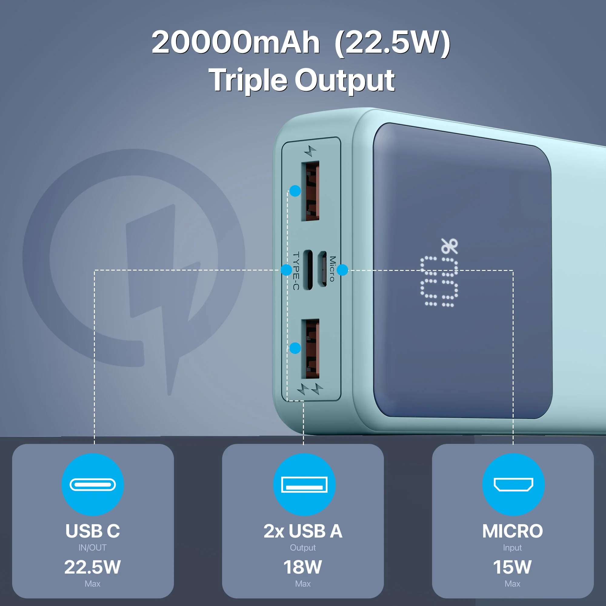 Vaku ® Nextek 20000mAh Portable 22.5w PD 18w QC Fast Charging Power Bank - Image 5
