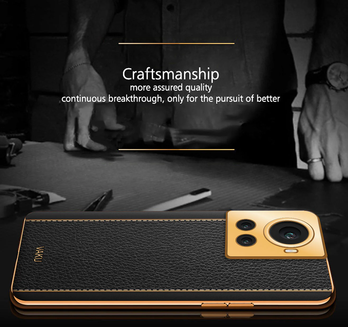 Vaku® OnePlus 10R Luxemberg Series Leather Stitched Gold Electroplated Soft TPU Back Cover - Image 10
