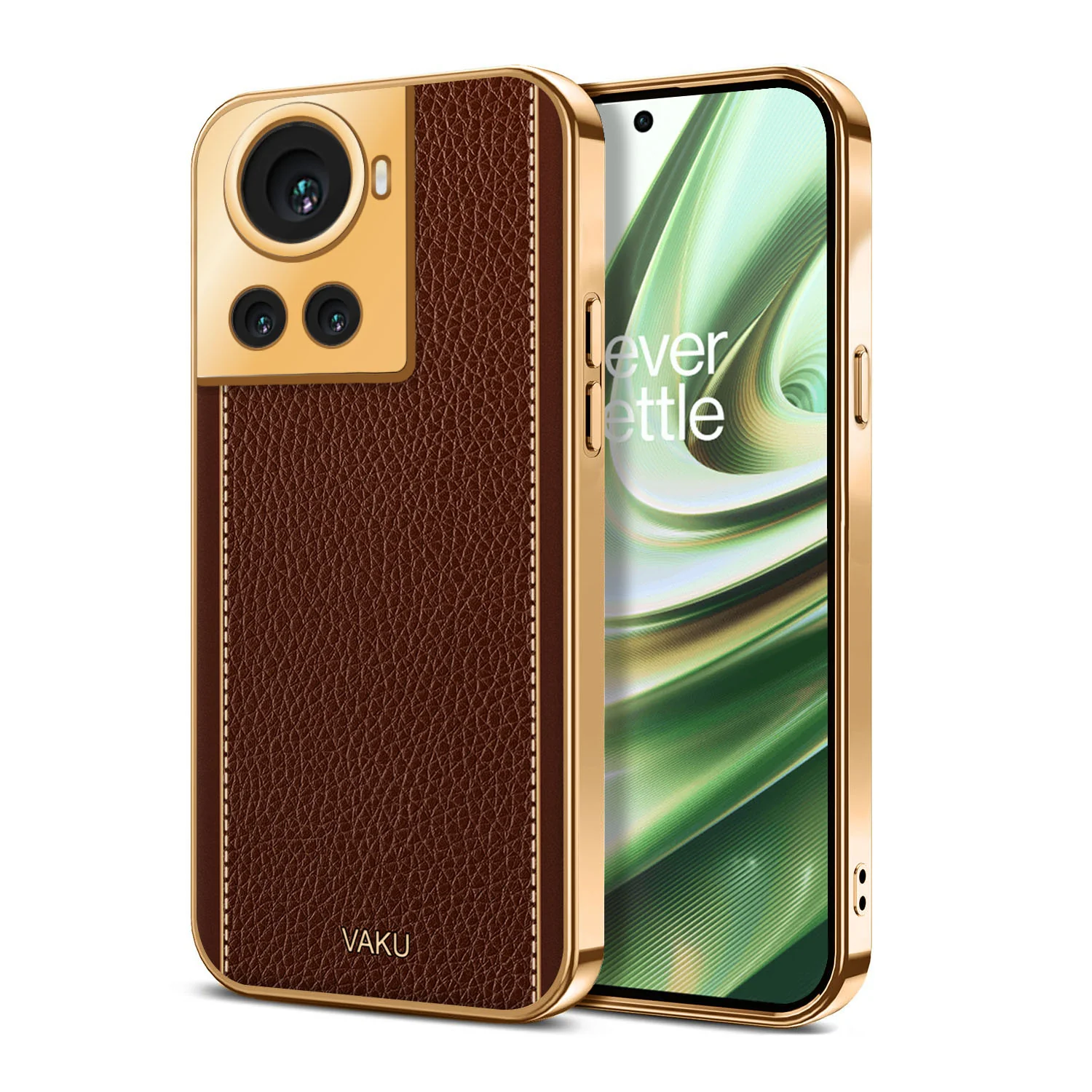 Vaku® OnePlus 10R Luxemberg Series Leather Stitched Gold Electroplated Soft TPU Back Cover - Image 13