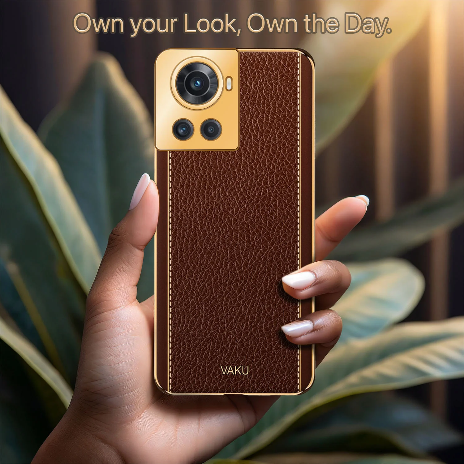 Vaku® OnePlus 10R Luxemberg Series Leather Stitched Gold Electroplated Soft TPU Back Cover - Image 14