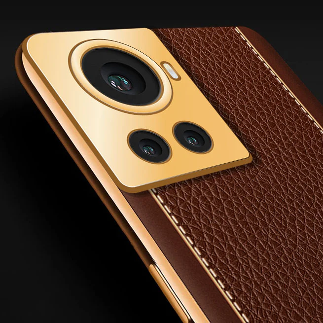 Vaku® OnePlus 10R Luxemberg Series Leather Stitched Gold Electroplated Soft TPU Back Cover - Image 2