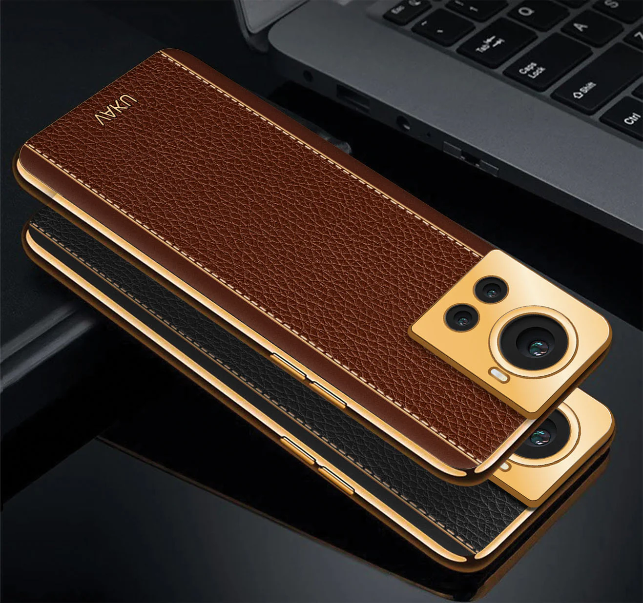 Vaku® OnePlus 10R Luxemberg Series Leather Stitched Gold Electroplated Soft TPU Back Cover - Image 3