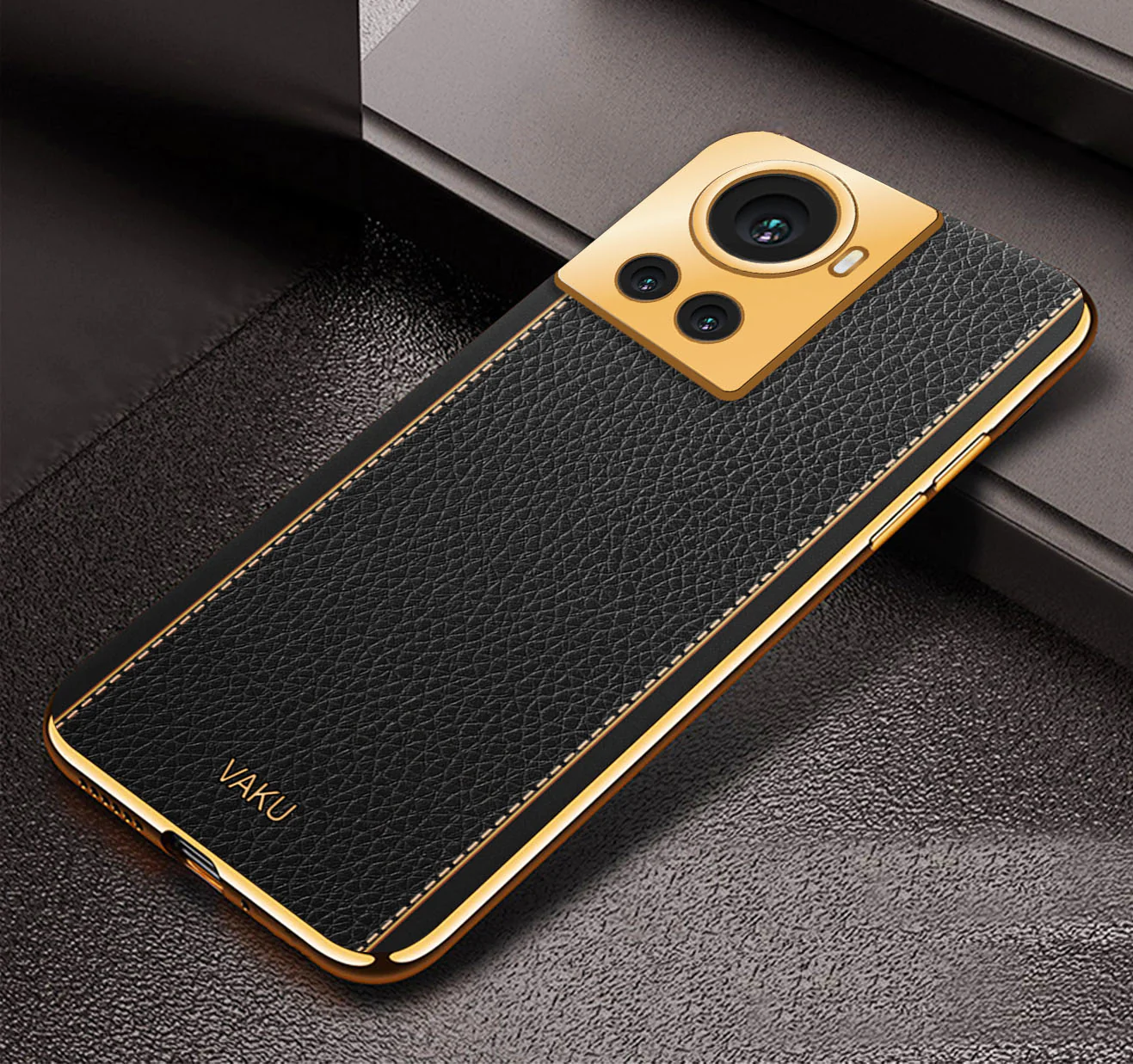 Vaku® OnePlus 10R Luxemberg Series Leather Stitched Gold Electroplated Soft TPU Back Cover - Image 4