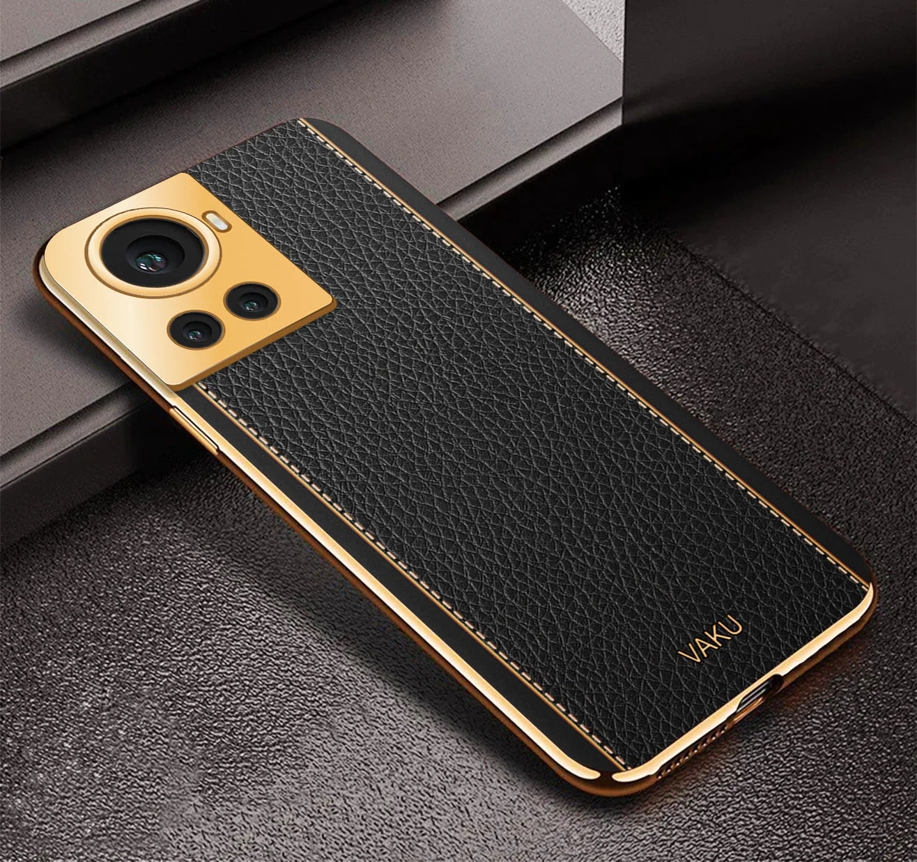 Vaku® OnePlus 10R Luxemberg Series Leather Stitched Gold Electroplated Soft TPU Back Cover - Image 5