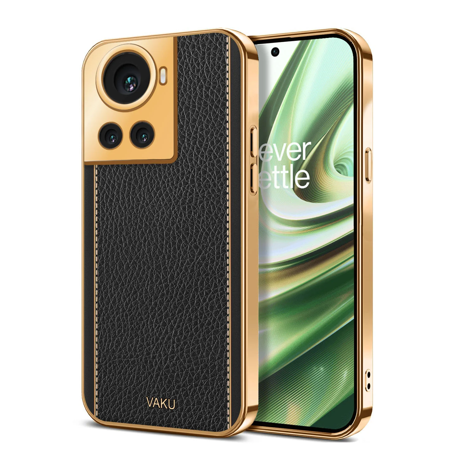 Vaku® OnePlus 10R Luxemberg Series Leather Stitched Gold Electroplated Soft TPU Back Cover - Image 6