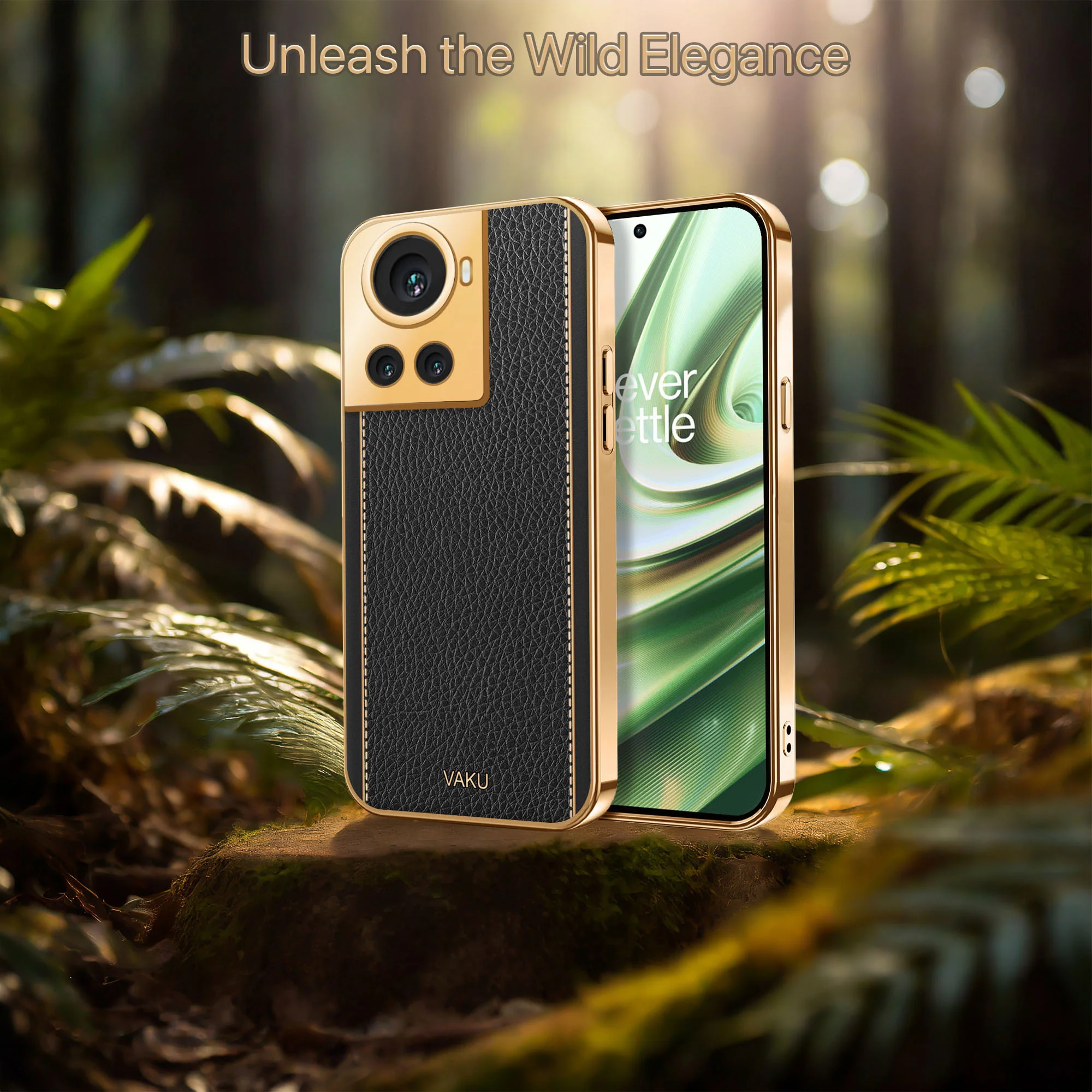 Vaku® OnePlus 10R Luxemberg Series Leather Stitched Gold Electroplated Soft TPU Back Cover - Image 7