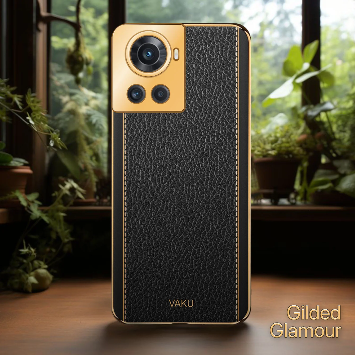 Vaku® OnePlus 10R Luxemberg Series Leather Stitched Gold Electroplated Soft TPU Back Cover - Image 8