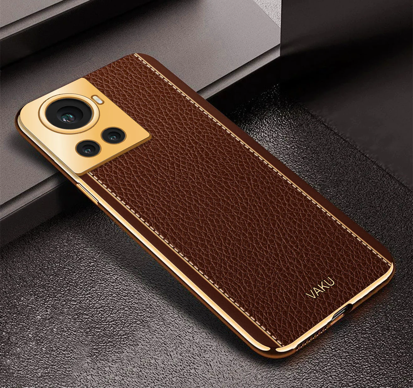 Vaku® OnePlus 10R Luxemberg Series Leather Stitched Gold Electroplated Soft TPU Back Cover - Image 9