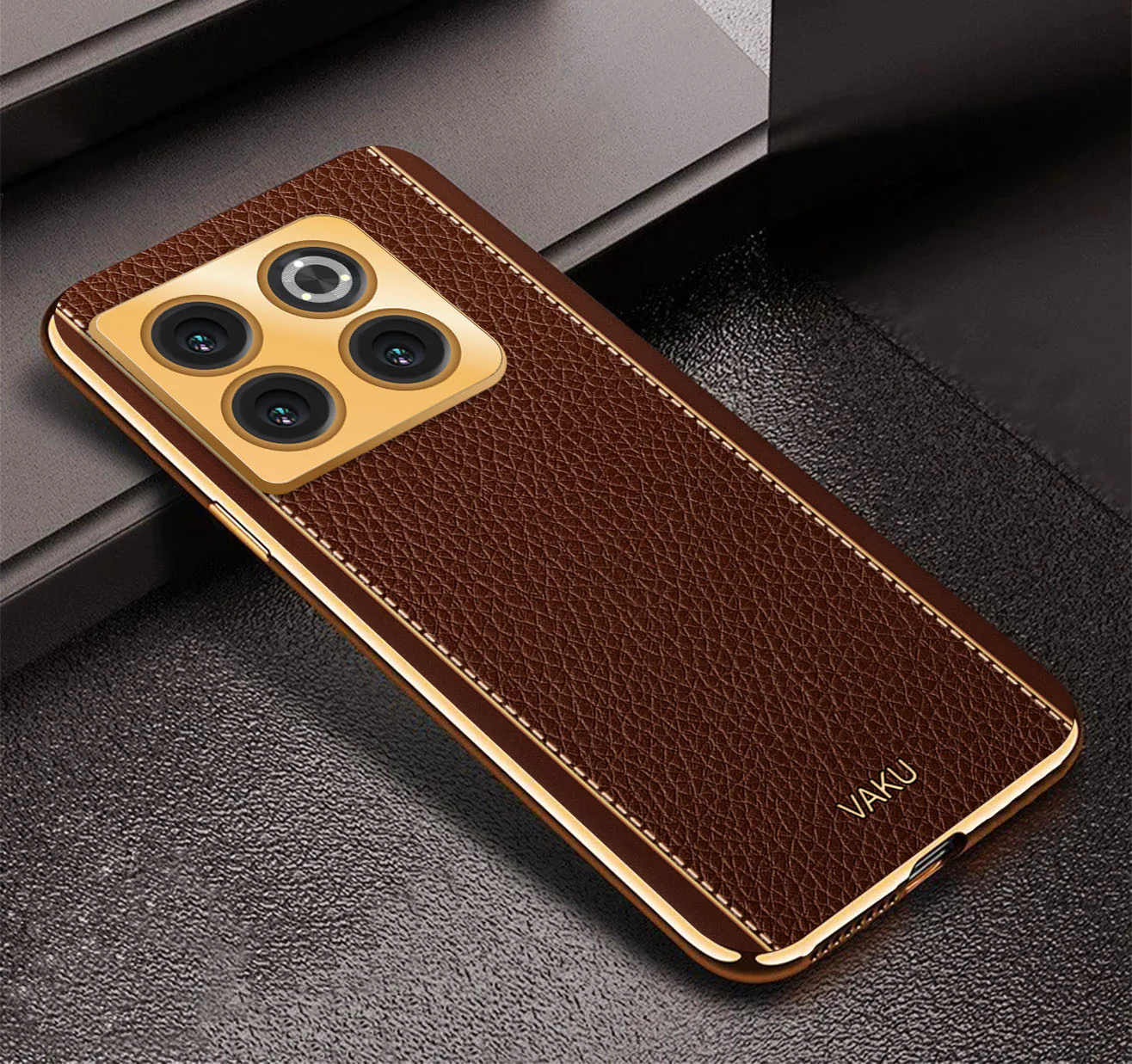 Vaku® OnePlus 10T 5G Luxemberg Series Leather Stitched Gold Electroplated Soft TPU Back Cover