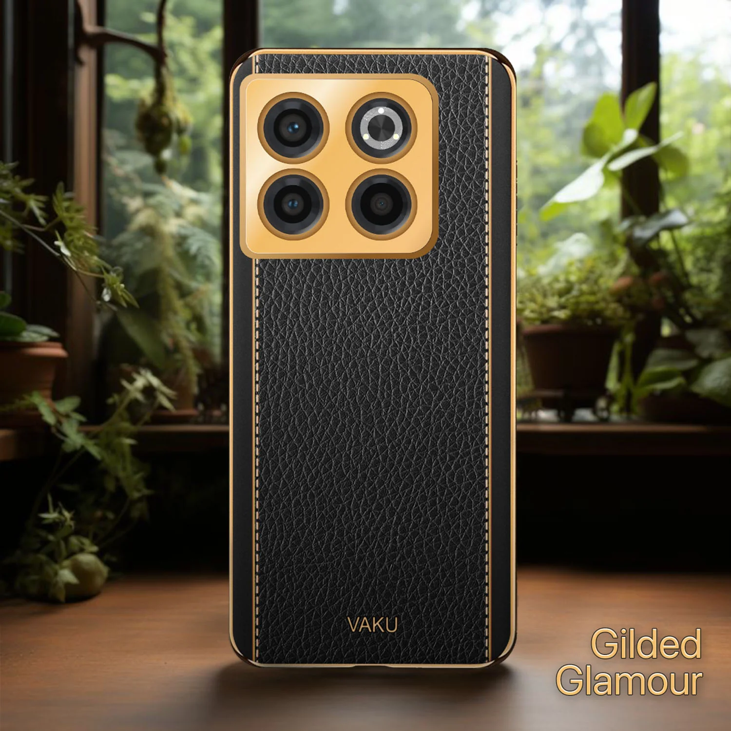 Vaku® OnePlus 10T 5G Luxemberg Series Leather Stitched Gold Electroplated Soft TPU Back Cover - Image 10