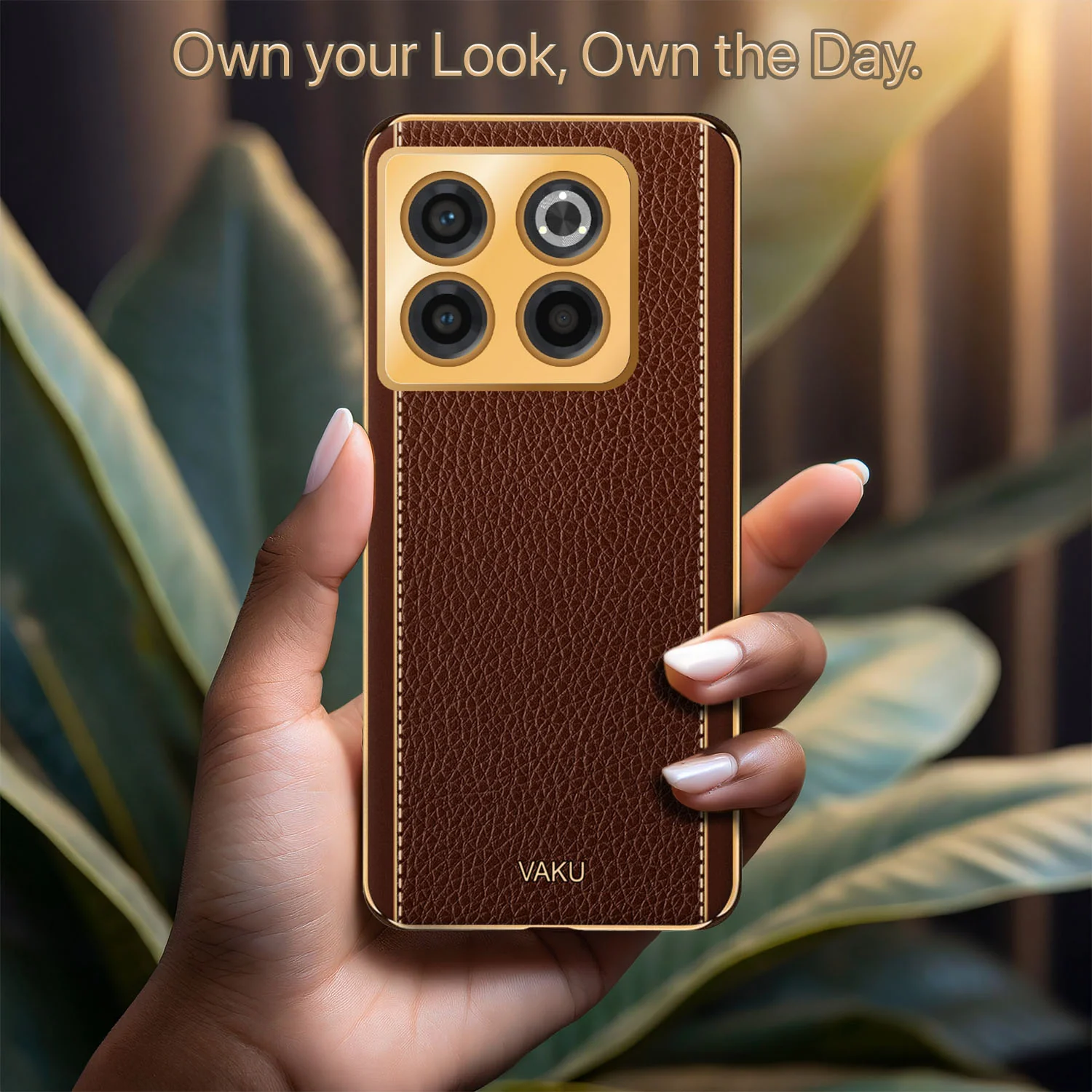Vaku® OnePlus 10T 5G Luxemberg Series Leather Stitched Gold Electroplated Soft TPU Back Cover - Image 11