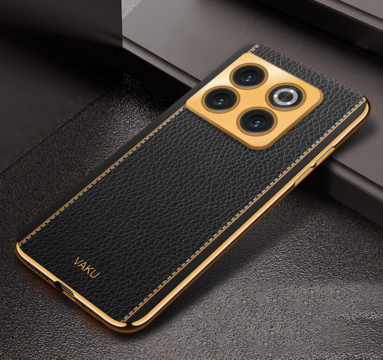 Vaku® OnePlus 10T 5G Luxemberg Series Leather Stitched Gold Electroplated Soft TPU Back Cover - Image 2
