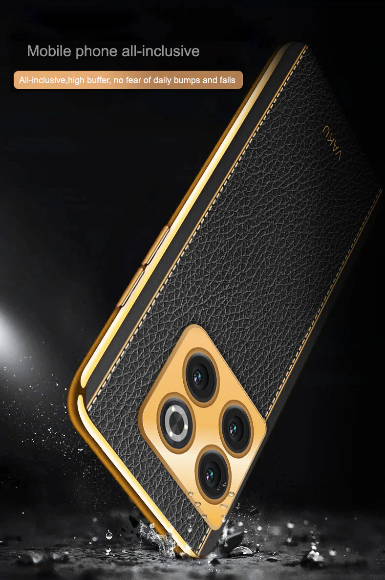 Vaku® OnePlus 10T 5G Luxemberg Series Leather Stitched Gold Electroplated Soft TPU Back Cover - Image 4