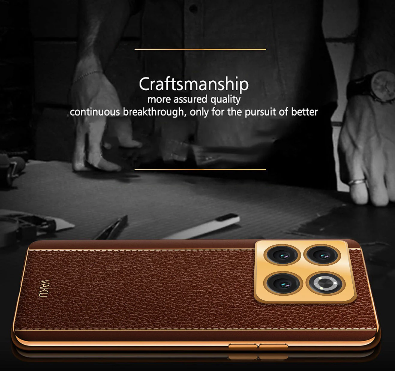 Vaku® OnePlus 10T 5G Luxemberg Series Leather Stitched Gold Electroplated Soft TPU Back Cover - Image 5