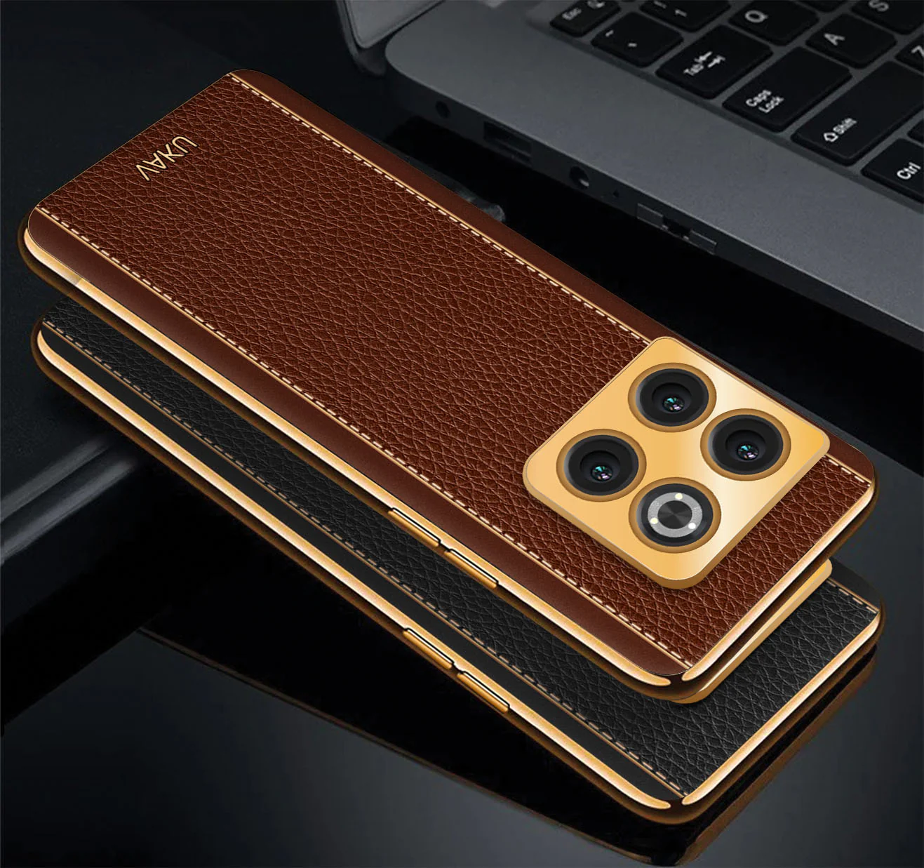 Vaku® OnePlus 10T 5G Luxemberg Series Leather Stitched Gold Electroplated Soft TPU Back Cover - Image 6