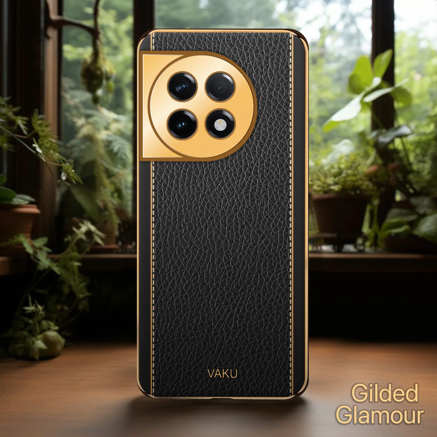 Vaku ® OnePlus 11 Luxemberg Series Leather Stitched Gold Electroplated Soft TPU Back Cover - Image 10
