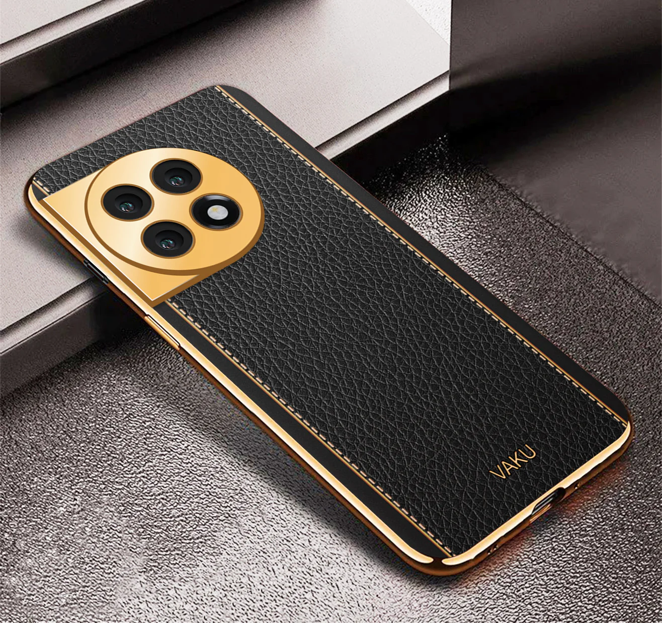 Vaku ® OnePlus 11 Luxemberg Series Leather Stitched Gold Electroplated Soft TPU Back Cover - Image 5