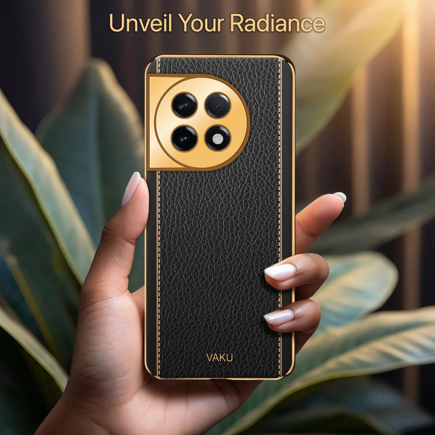 Vaku® OnePlus 11R Luxemberg Series Leather Stitched Gold Electroplated Soft TPU Back Cover - Image 11