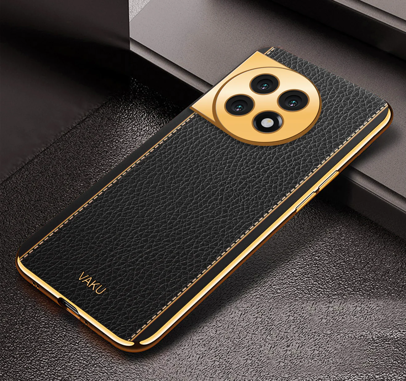 Vaku® OnePlus 11R Luxemberg Series Leather Stitched Gold Electroplated Soft TPU Back Cover - Image 14
