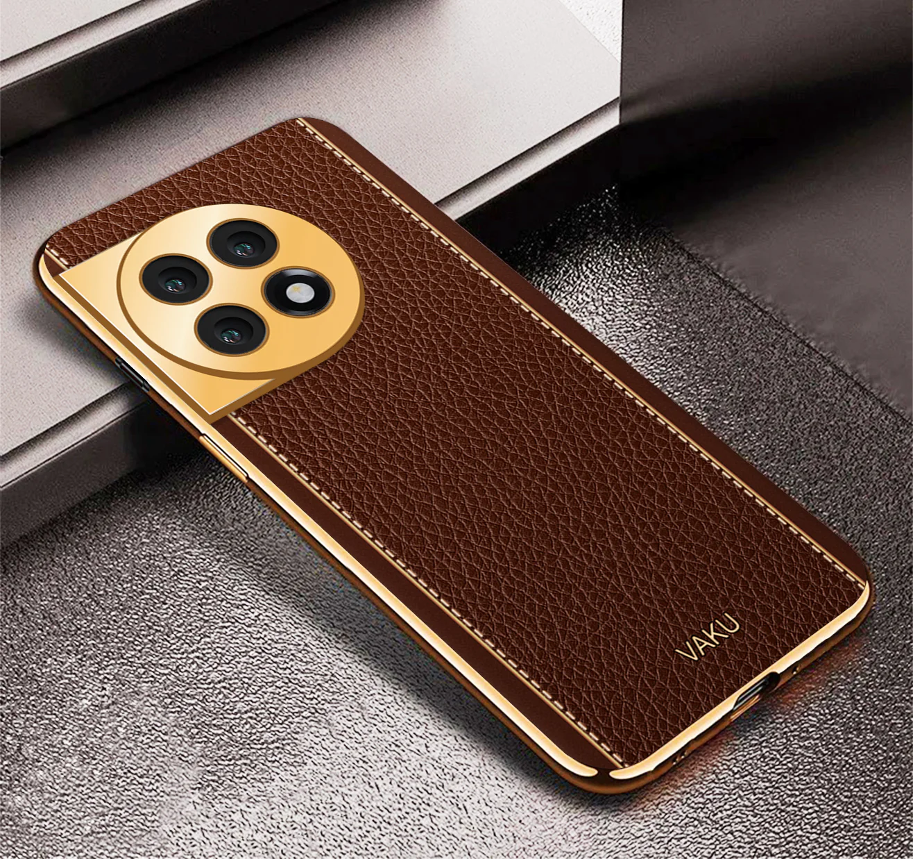 Vaku® OnePlus 11R Luxemberg Series Leather Stitched Gold Electroplated Soft TPU Back Cover - Image 15