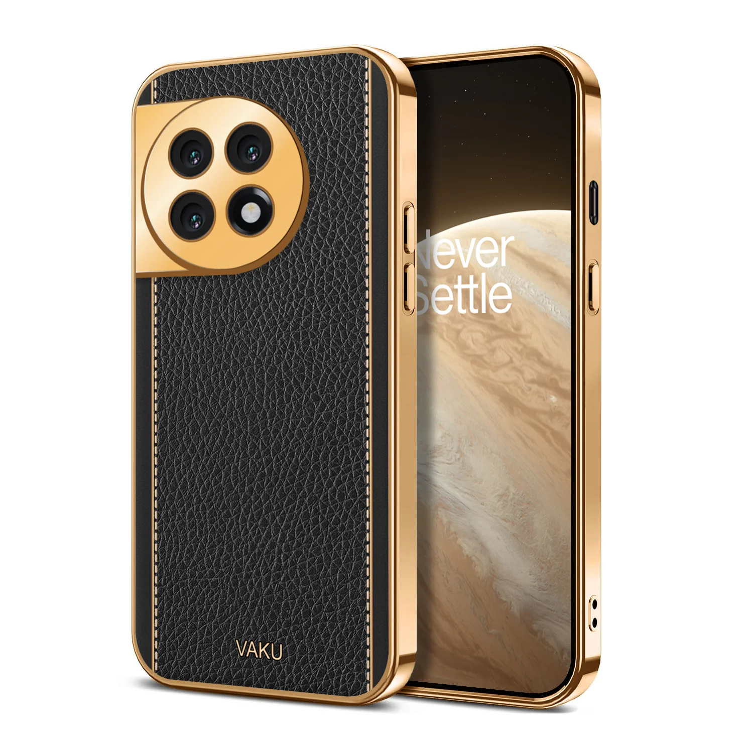 Vaku® OnePlus 11R Luxemberg Series Leather Stitched Gold Electroplated Soft TPU Back Cover - Image 2