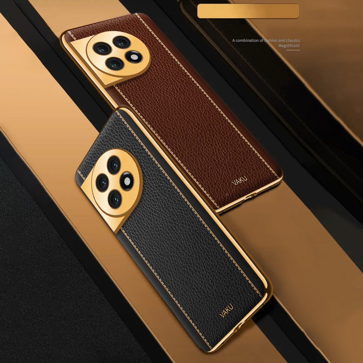 Vaku® OnePlus 11R Luxemberg Series Leather Stitched Gold Electroplated Soft TPU Back Cover - Image 3