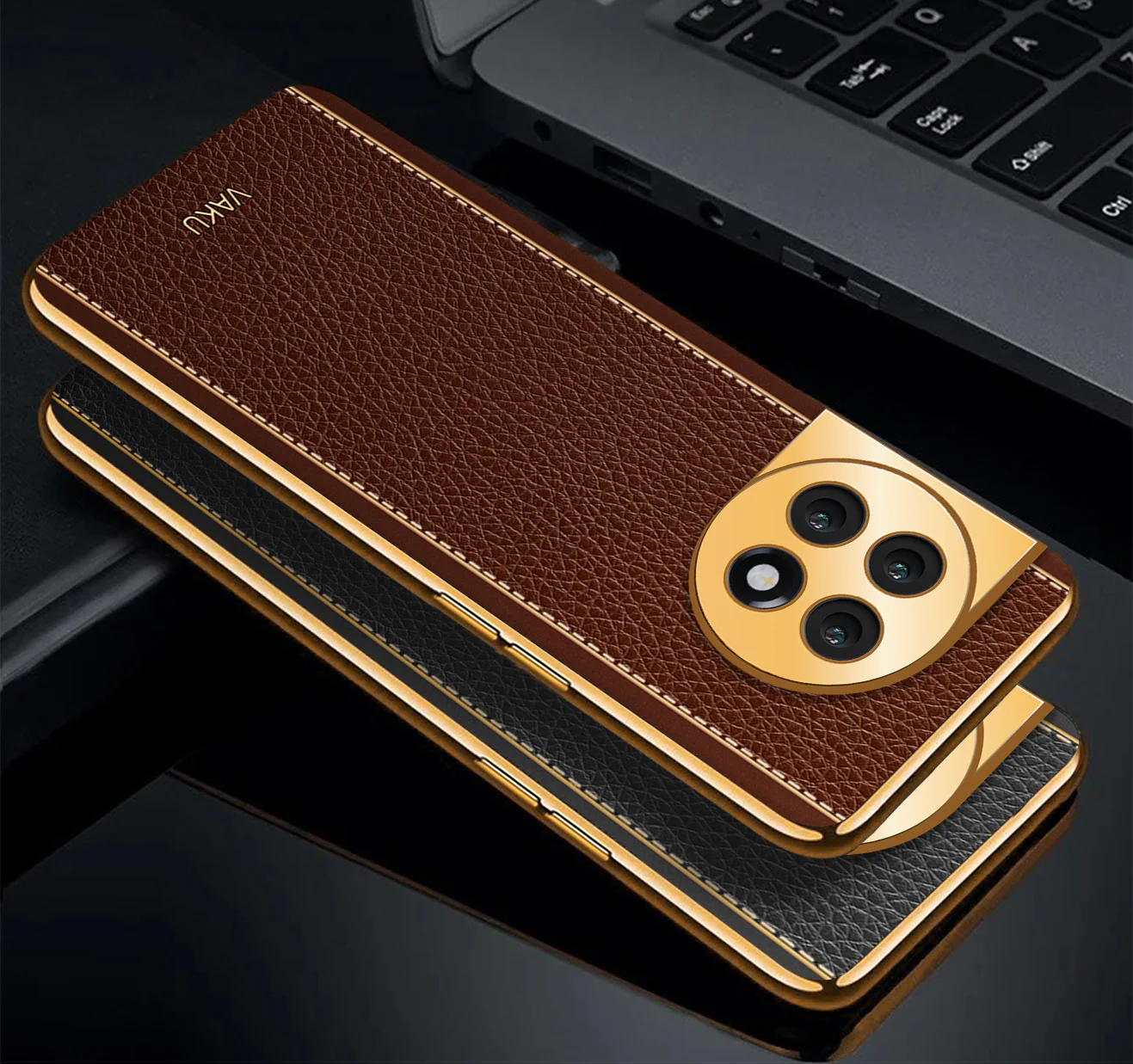 Vaku® OnePlus 11R Luxemberg Series Leather Stitched Gold Electroplated Soft TPU Back Cover - Image 4