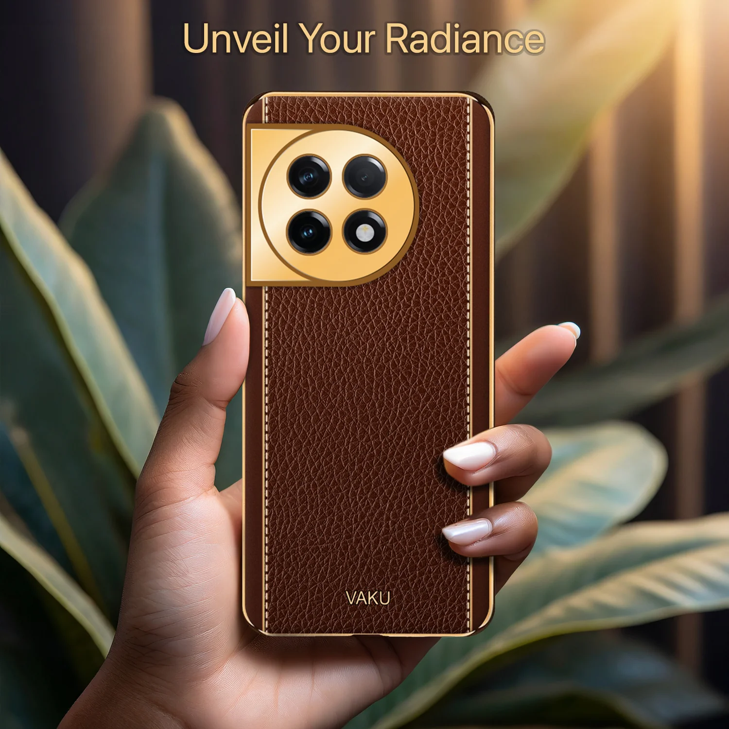 Vaku® OnePlus 11R Luxemberg Series Leather Stitched Gold Electroplated Soft TPU Back Cover - Image 7