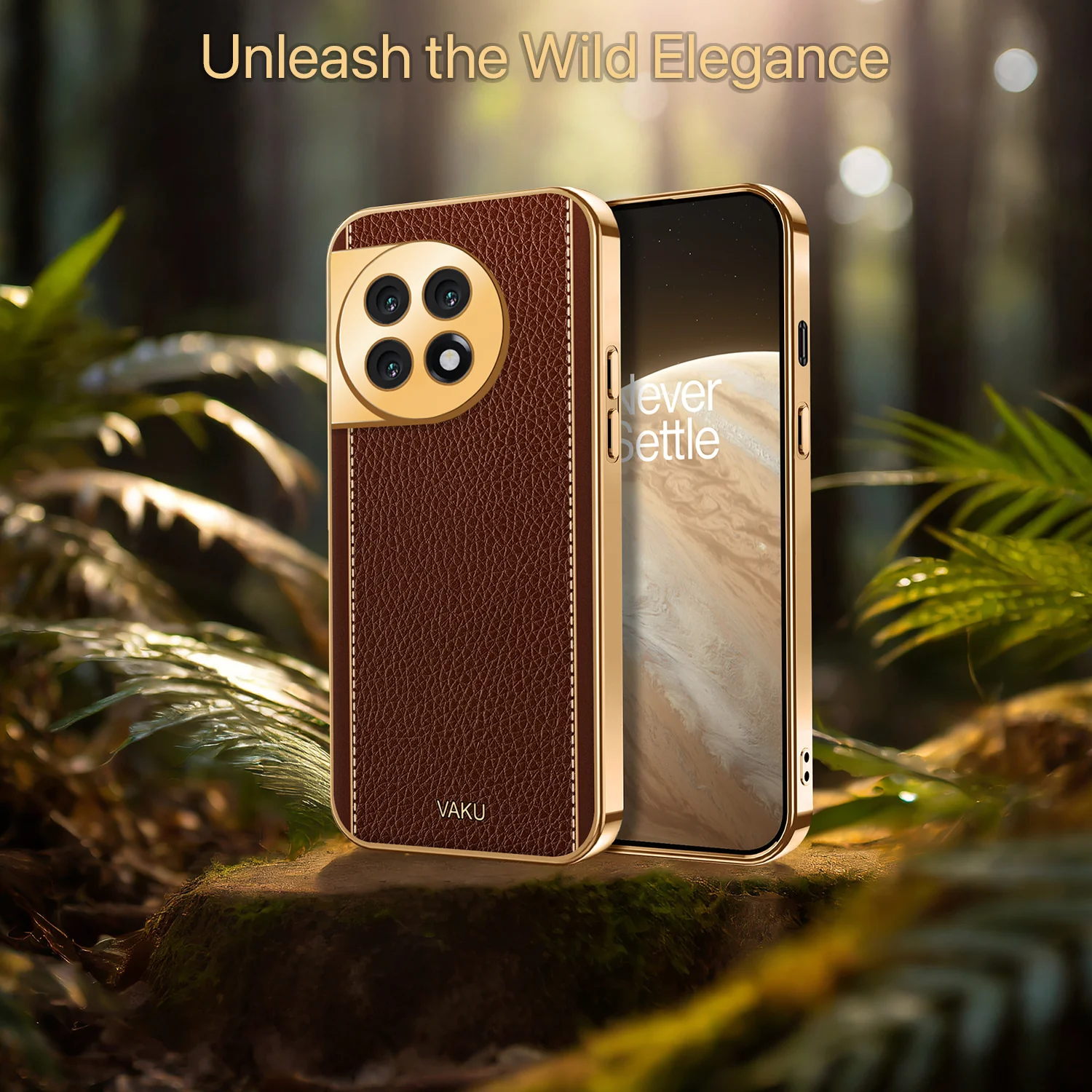 Vaku® OnePlus 11R Luxemberg Series Leather Stitched Gold Electroplated Soft TPU Back Cover - Image 9