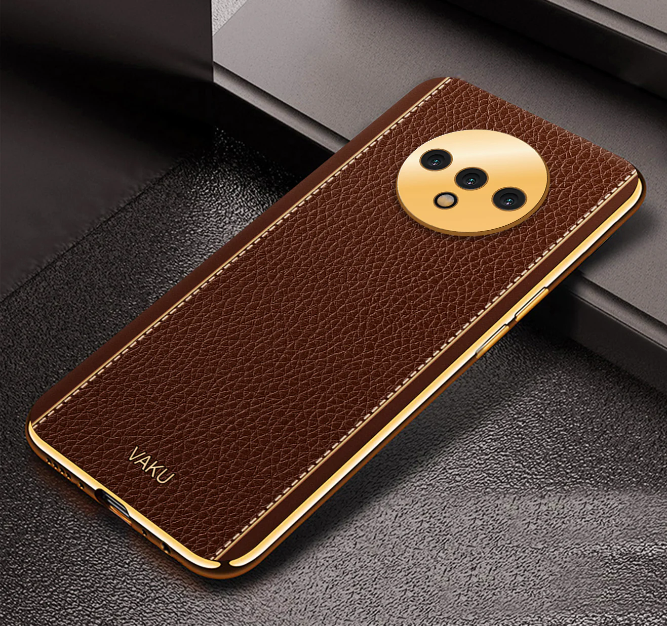 Vaku® Oneplus 7T Luxemberg Leather Stitched Gold Electroplated Soft TPU Back Cover