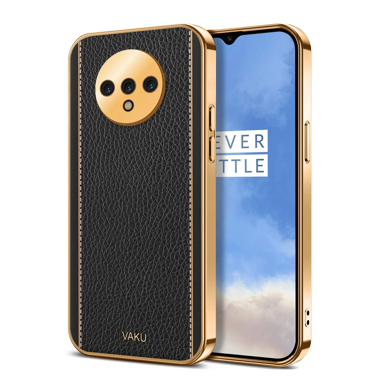 Vaku® Oneplus 7T Luxemberg Leather Stitched Gold Electroplated Soft TPU Back Cover - Image 10