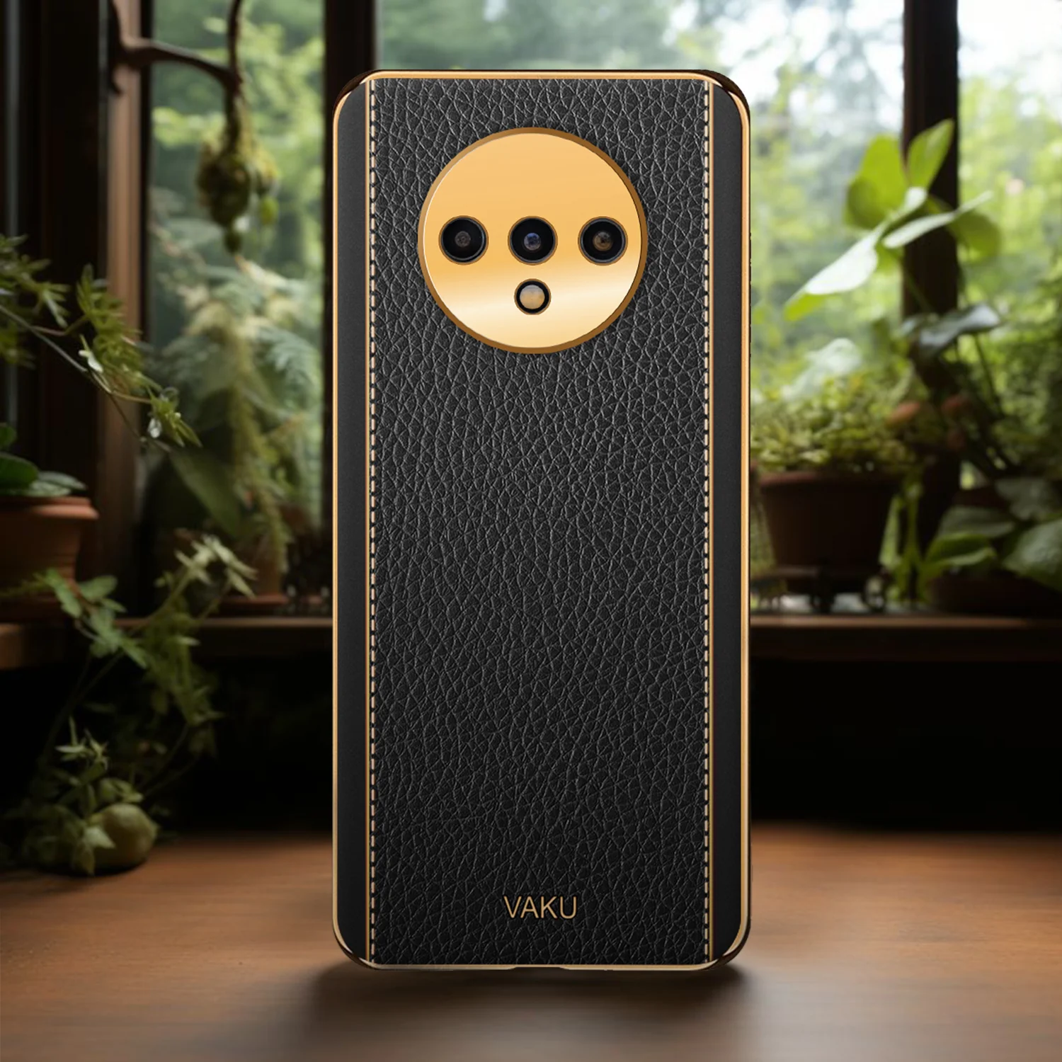 Vaku® Oneplus 7T Luxemberg Leather Stitched Gold Electroplated Soft TPU Back Cover - Image 11