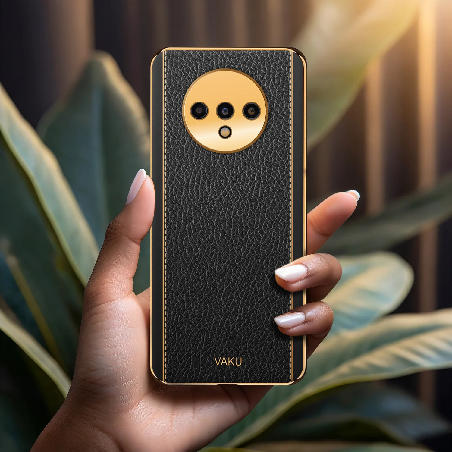 Vaku® Oneplus 7T Luxemberg Leather Stitched Gold Electroplated Soft TPU Back Cover - Image 12