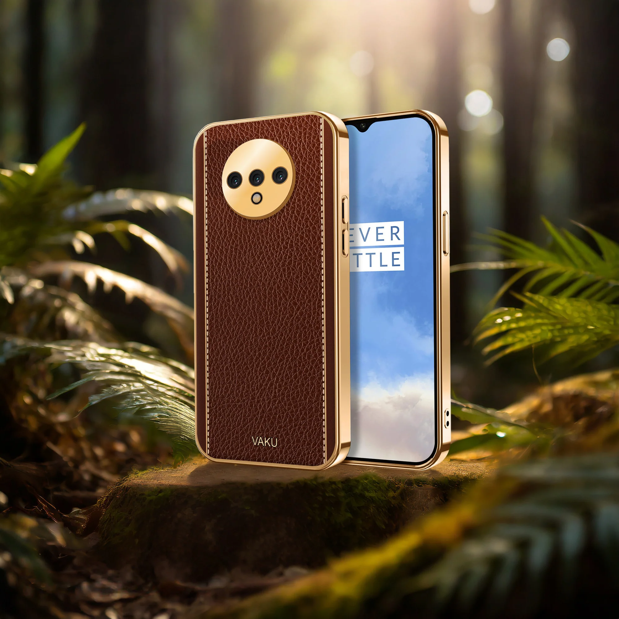 Vaku® Oneplus 7T Luxemberg Leather Stitched Gold Electroplated Soft TPU Back Cover - Image 13
