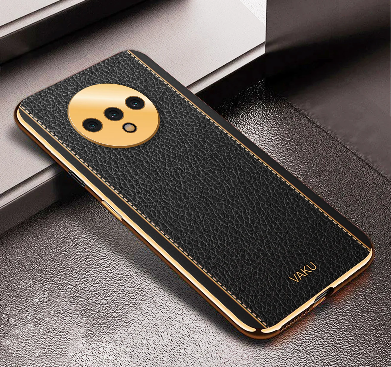 Vaku® Oneplus 7T Luxemberg Leather Stitched Gold Electroplated Soft TPU Back Cover - Image 14