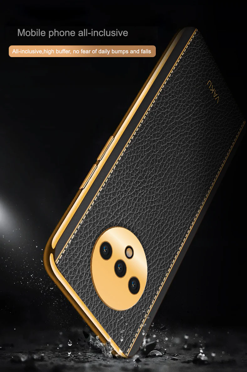 Vaku® Oneplus 7T Luxemberg Leather Stitched Gold Electroplated Soft TPU Back Cover - Image 15