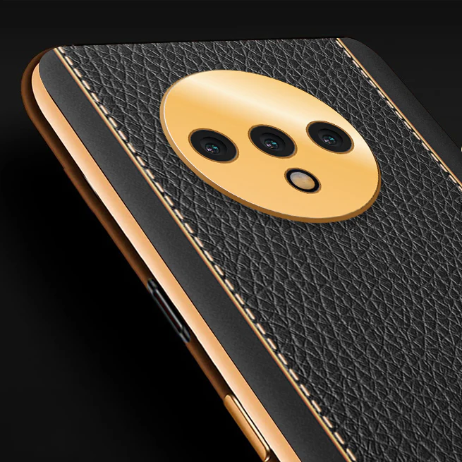 Vaku® Oneplus 7T Luxemberg Leather Stitched Gold Electroplated Soft TPU Back Cover - Image 2