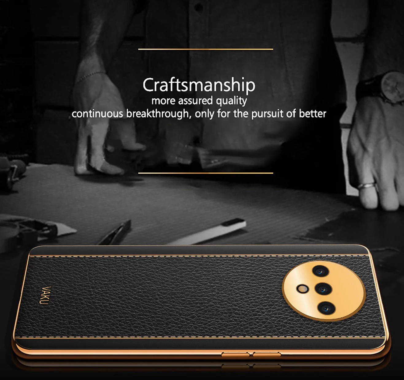 Vaku® Oneplus 7T Luxemberg Leather Stitched Gold Electroplated Soft TPU Back Cover - Image 3