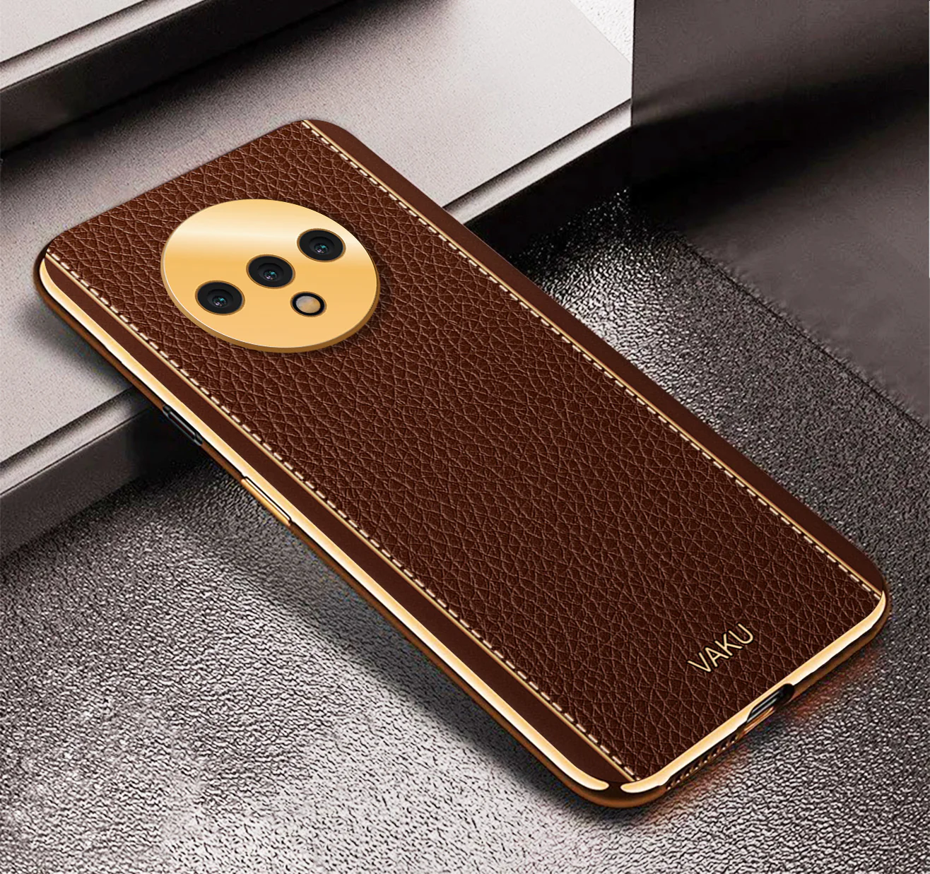 Vaku® Oneplus 7T Luxemberg Leather Stitched Gold Electroplated Soft TPU Back Cover - Image 4