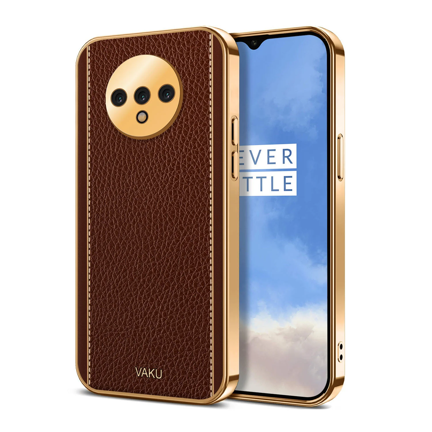 Vaku® Oneplus 7T Luxemberg Leather Stitched Gold Electroplated Soft TPU Back Cover - Image 5