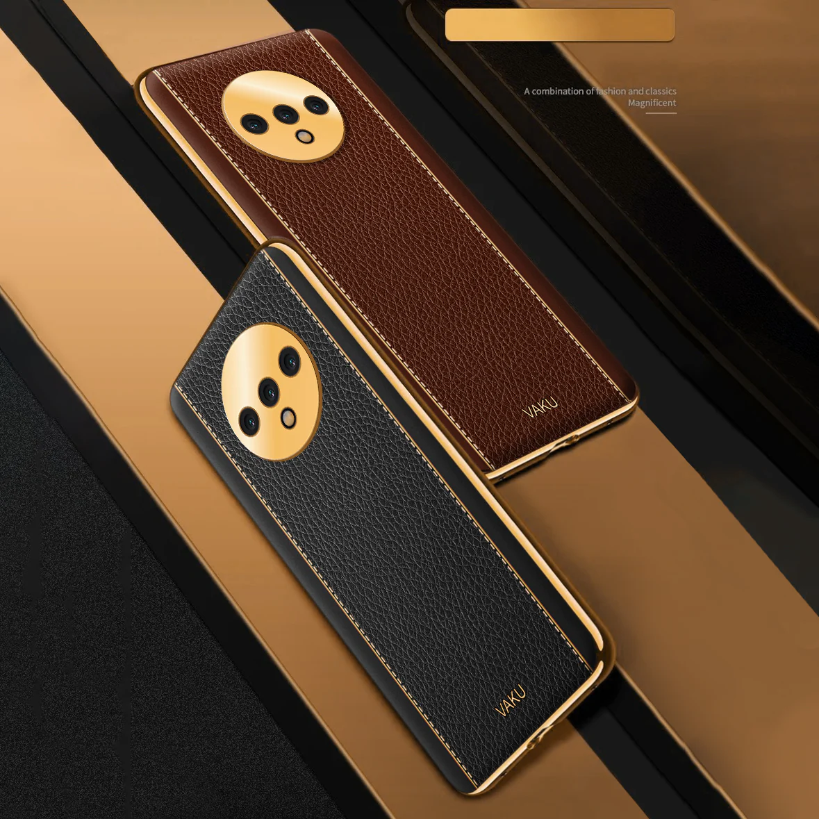 Vaku® Oneplus 7T Luxemberg Leather Stitched Gold Electroplated Soft TPU Back Cover - Image 6