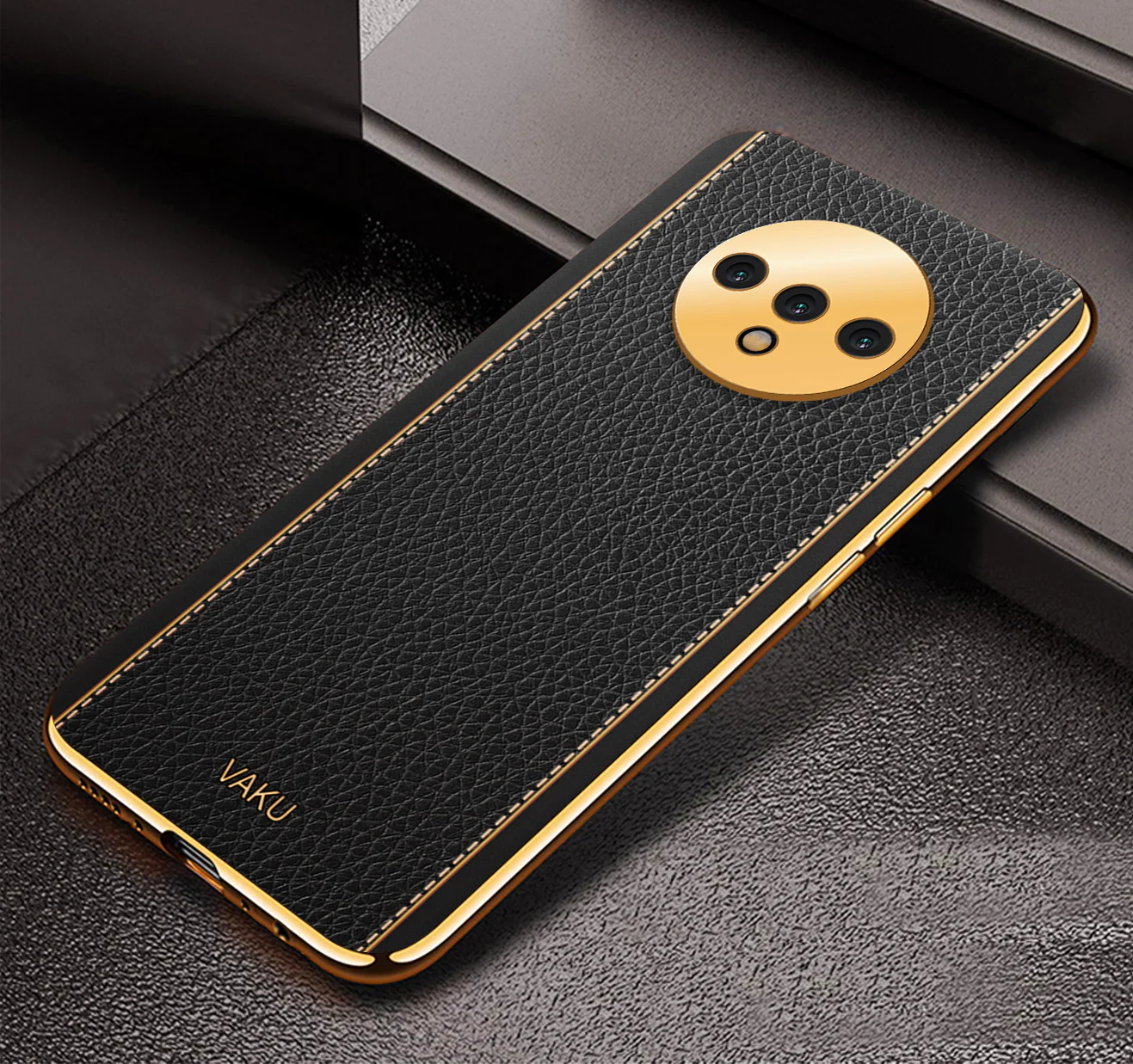 Vaku® Oneplus 7T Luxemberg Leather Stitched Gold Electroplated Soft TPU Back Cover - Image 9