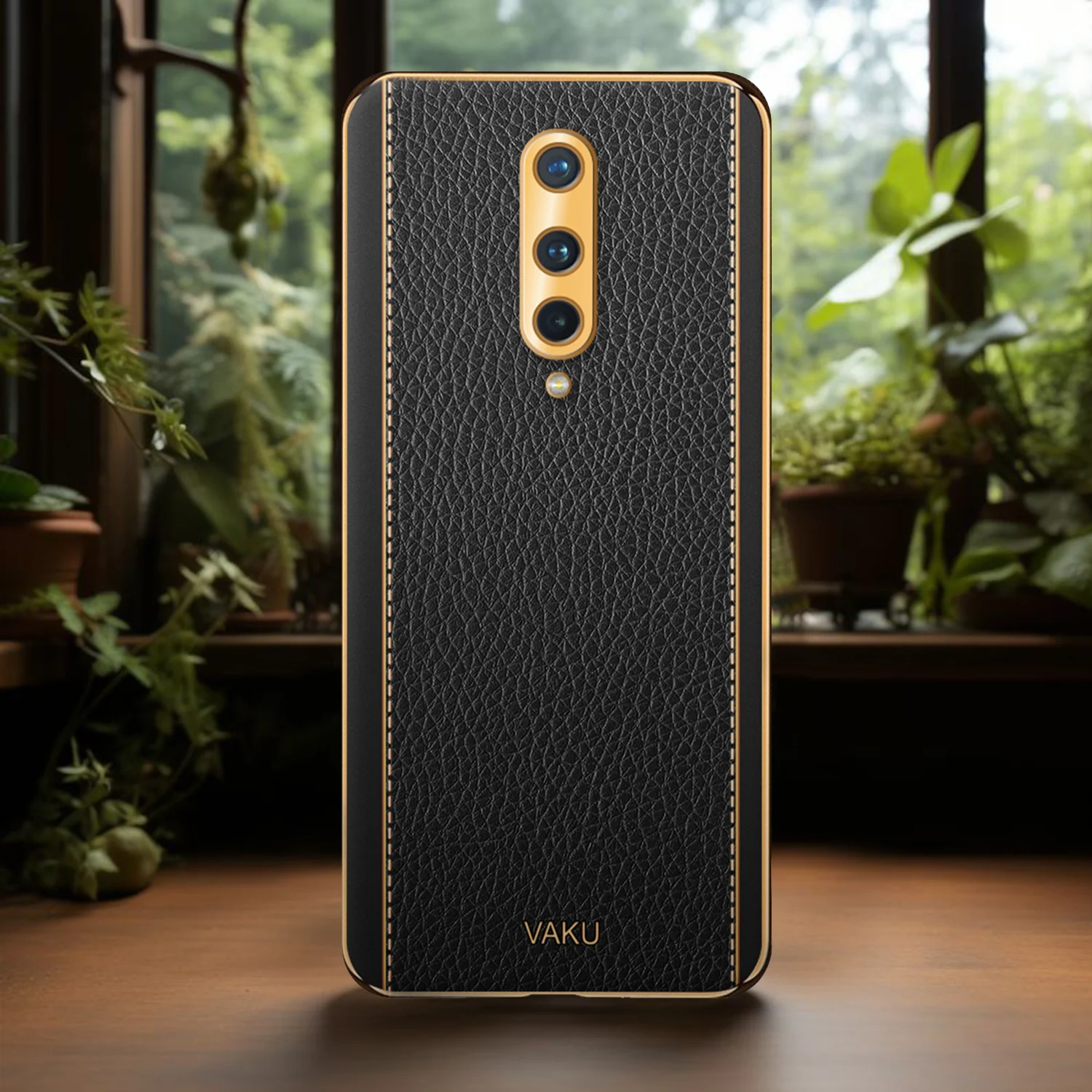 Vaku® OnePlus 8 Luxemberg Series Leather Stitched Gold Electroplated Soft TPU Back Cover - Image 11