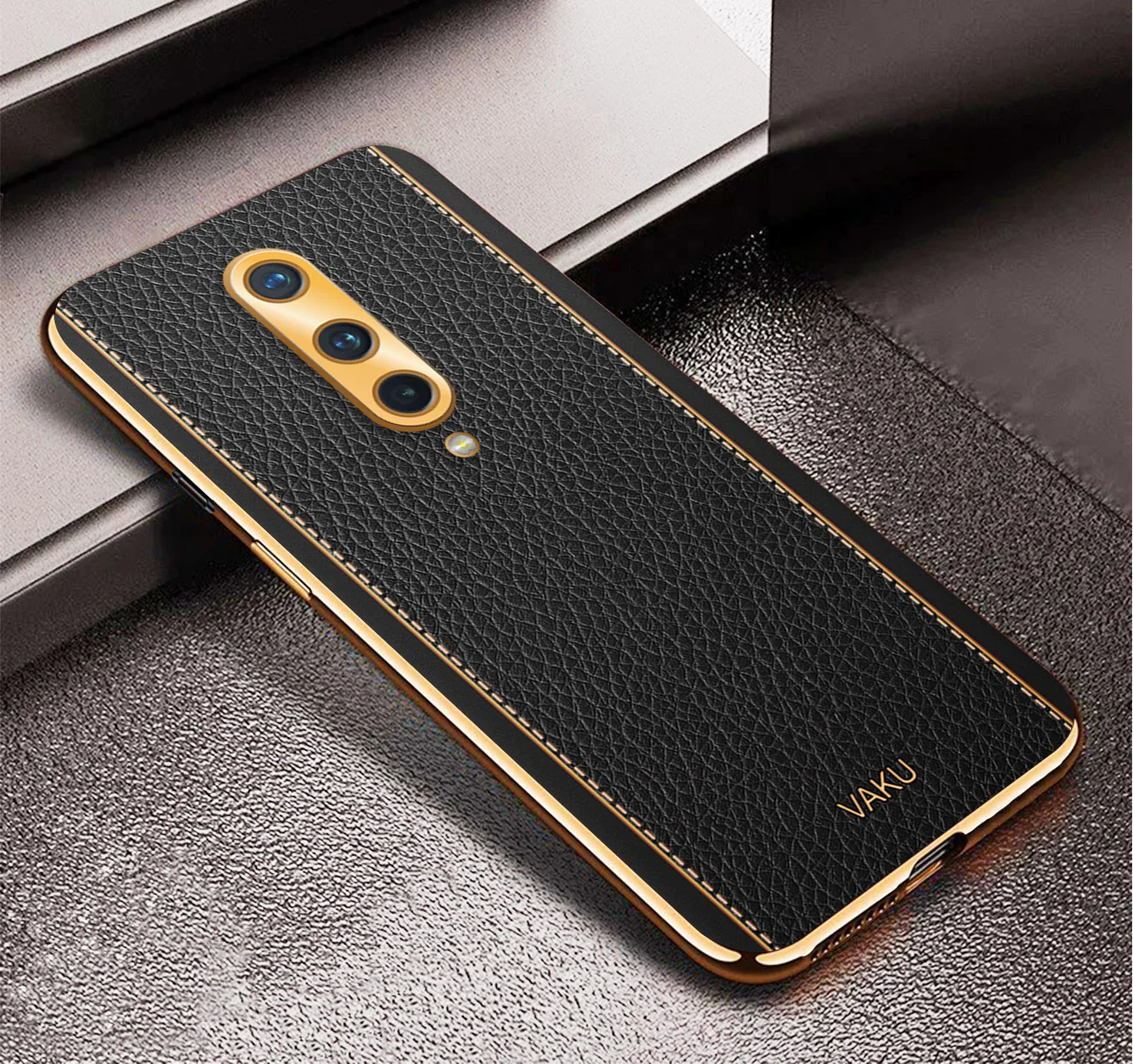 Vaku® OnePlus 8 Luxemberg Series Leather Stitched Gold Electroplated Soft TPU Back Cover - Image 3