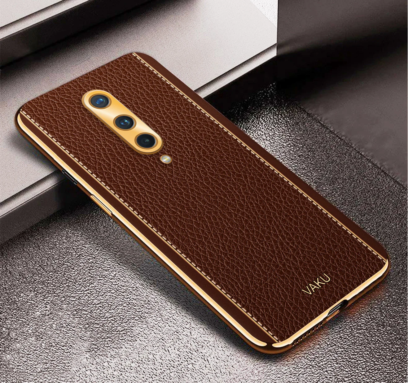 Vaku® OnePlus 8 Luxemberg Series Leather Stitched Gold Electroplated Soft TPU Back Cover - Image 8