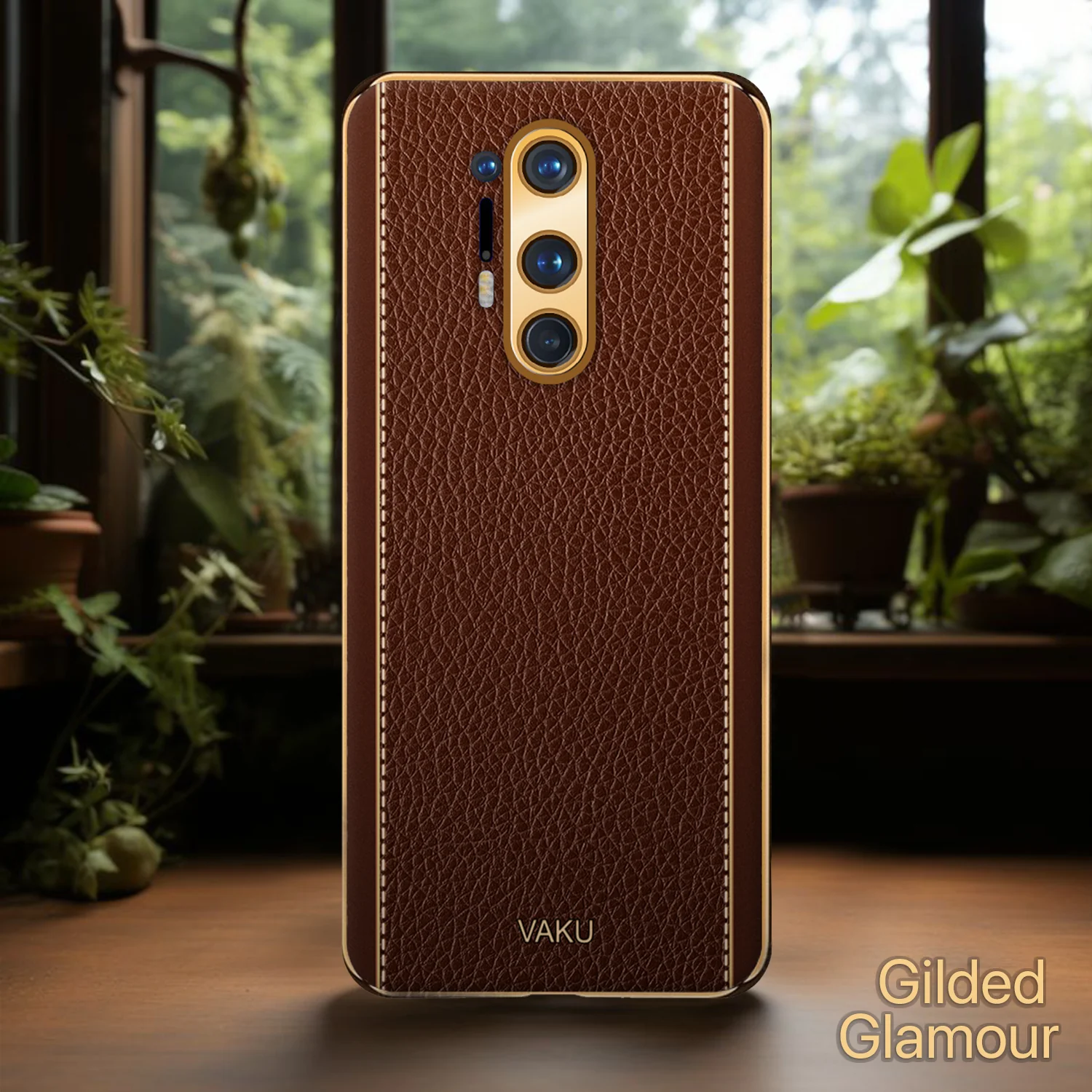 Vaku® OnePlus 8 Pro Luxemberg Series Leather Stitched Gold Electroplated Soft TPU Back Cover - Image 15